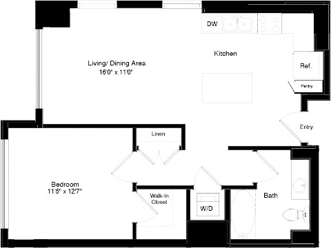 1 Bed • 1 Bath T-1108 floor plan
